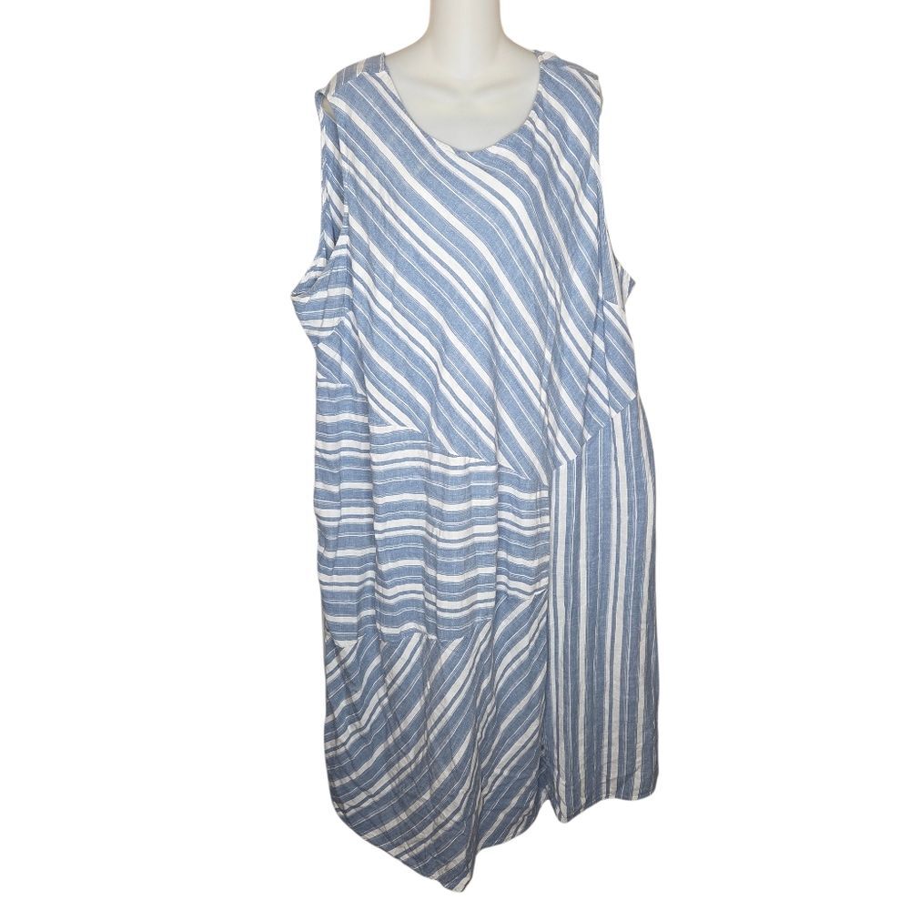 Catherines Multi Stripe Linen Blend Blue & White Striped Midi Dress Size 4x